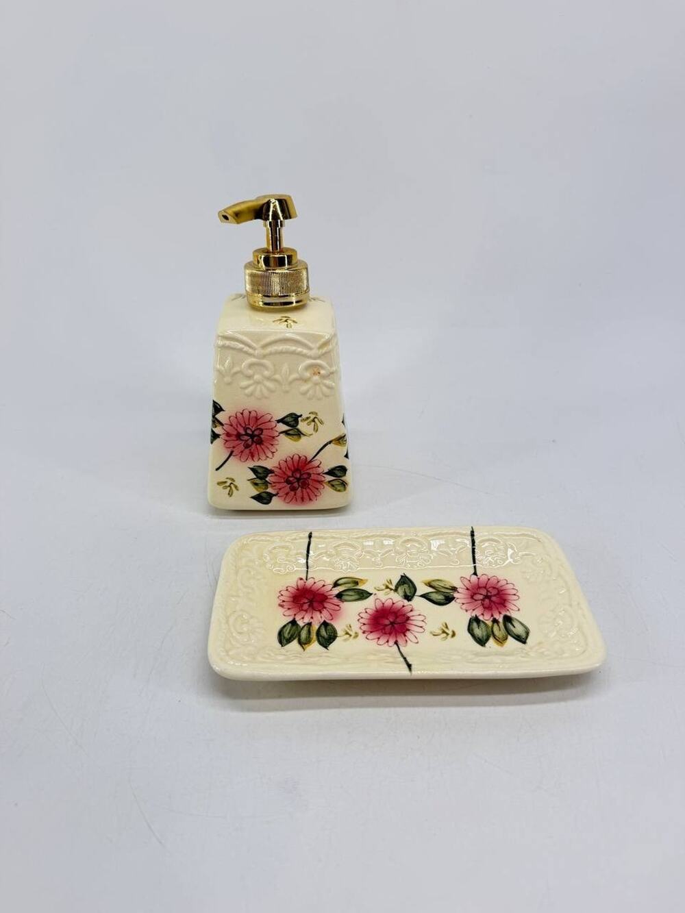 Royal Norfolk Ceramic Floral Soap Dispenser and Soap Dish Bathroom Set